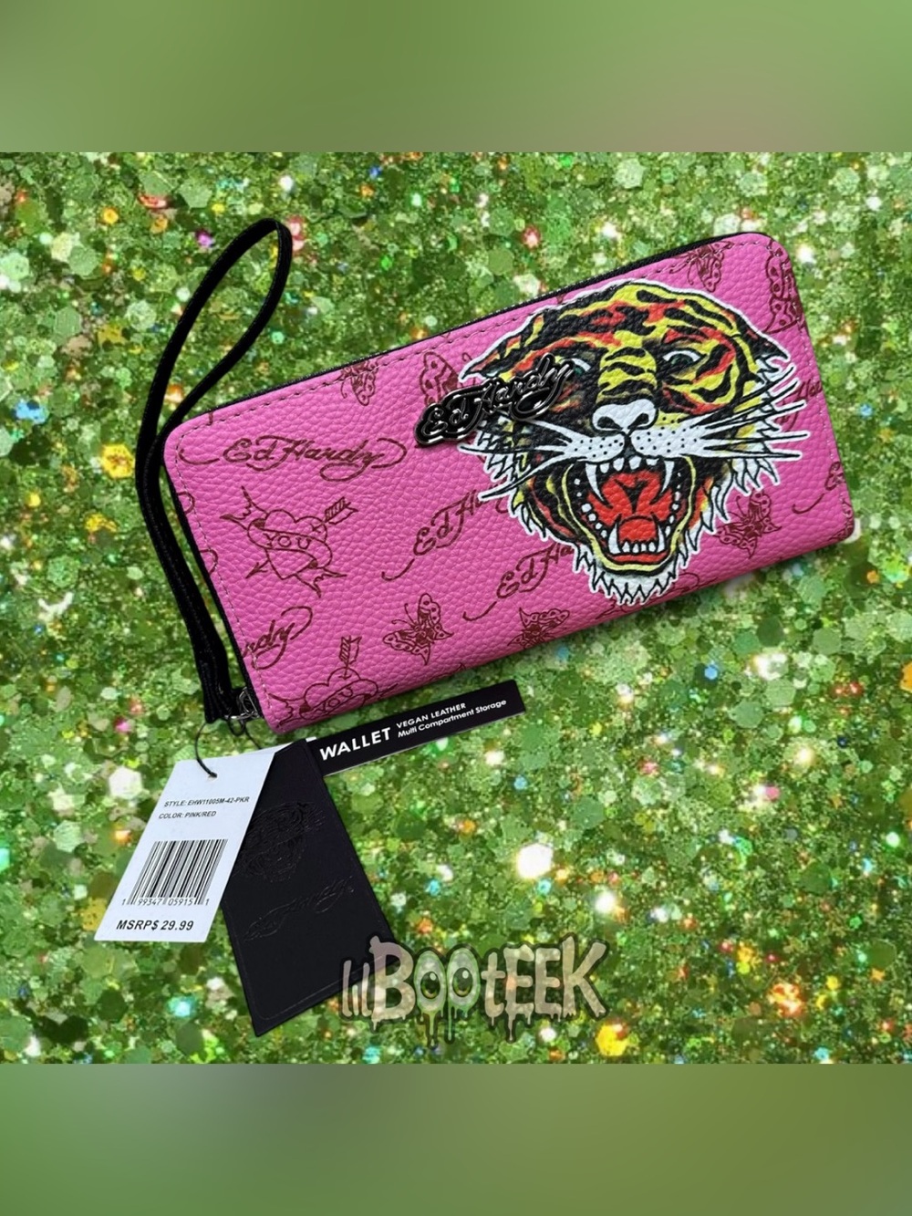 Ed Hardy Vegan Leather Wallet Wristlet Pink & Red Tiger Hearts Butterfly NEW Y2K